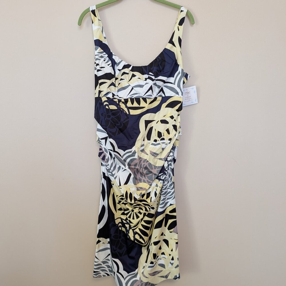 Suzi Chin for Maggy Boutique 14 ruched bodycon dress NWT blue white yellow